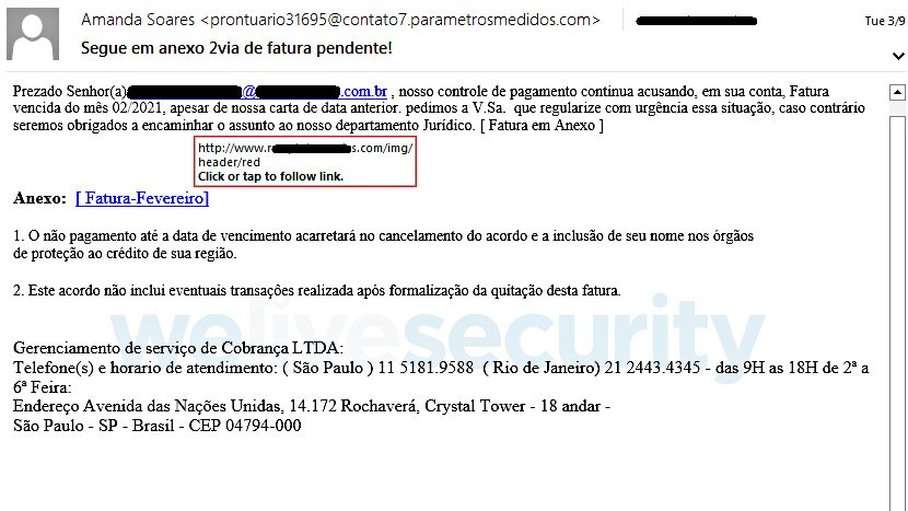 Exemplo de um email malicioso (Fonte: ESET/Divulgação)