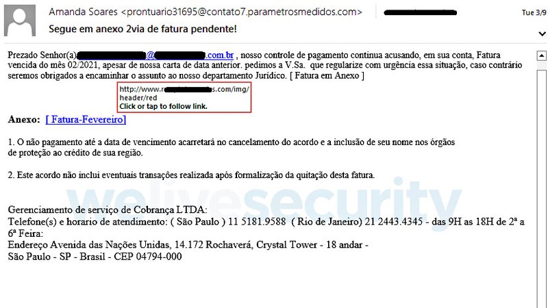 Exemplo de um email malicioso (Fonte: ESET/Divulgação)