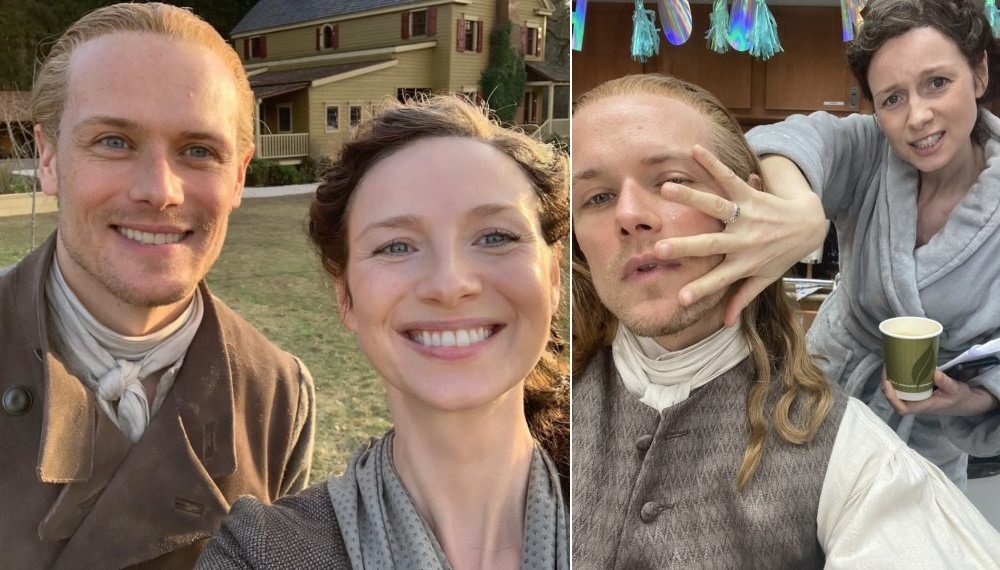 Sam Heughan e Caitriona Balfe sorriram para uma selfie compartilhada pelo Instagram. A dupla também aparece em um momento de descontração. (Reprodução)