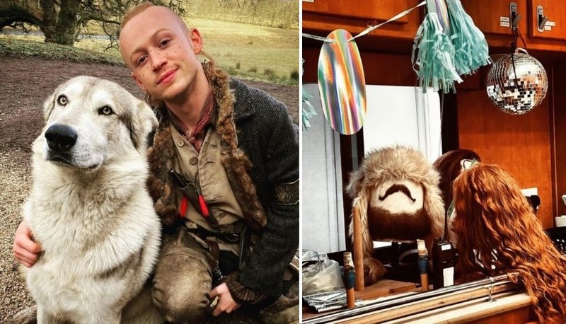 John Bell postou uma foto com o mascote Rollo, enquanto Sophie Skelton mostrou ao público um pouco dos adereços de sua personagem. (Reprodução)