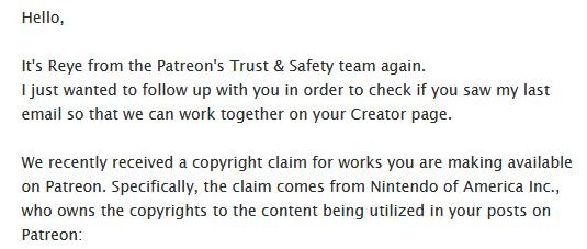 Mensagem do Patreon enviada para o artista na qual a Nintendo reivindica os direitos autorais