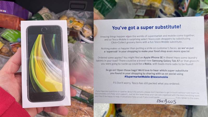 iPhone SE de Nick James e a carta da Tesco, detalhando a promoção.(Fonte: Nick James, Twitter / Reprodução)