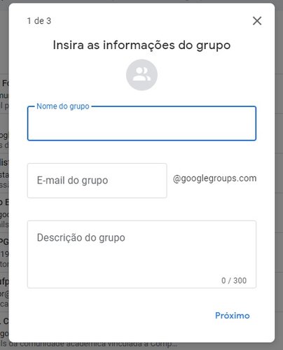 A primeira tela de criação de grupo.