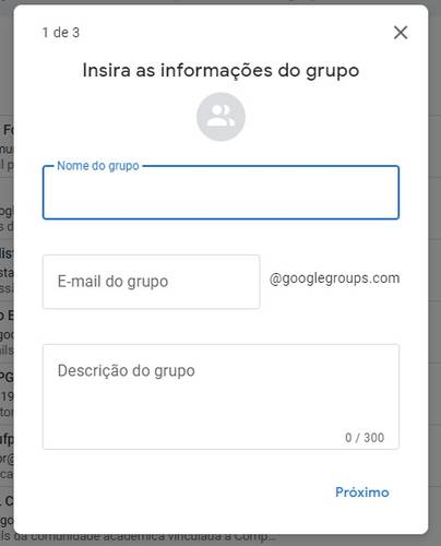 A primeira tela de criação de grupo.
