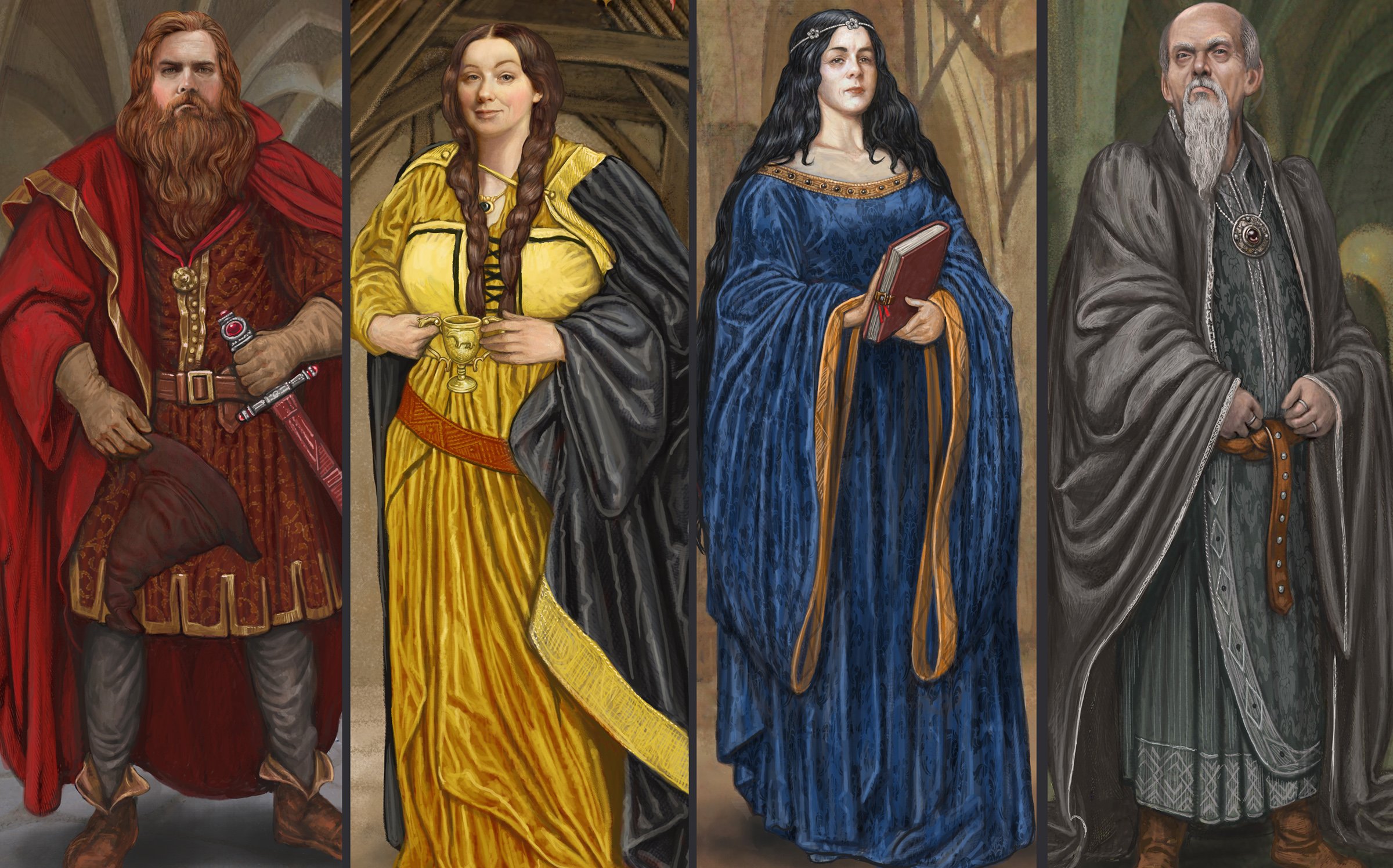 Em ordem, os fundadores de Hogwarts: Godrico Gryffindor, Helga Hufflepuff, Rowena Ravenclaw e Salazar Slytherin. (Fonte: Harry Potter Wiki / Reprodução)