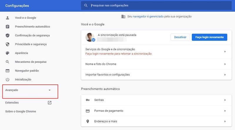 A aba principal de configurações do Chrome.