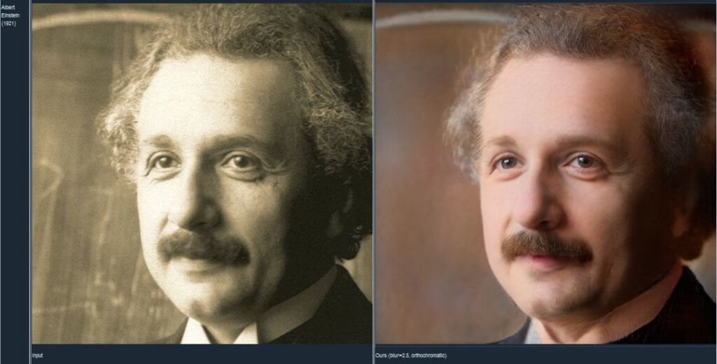 À esquerda, uma foto original de Albert Einstein; à direita, a imagem editada no Time-Travel Rephotography.