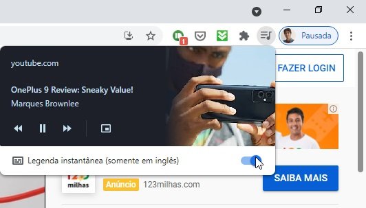 O menu de atalhos da legenda instantânea.