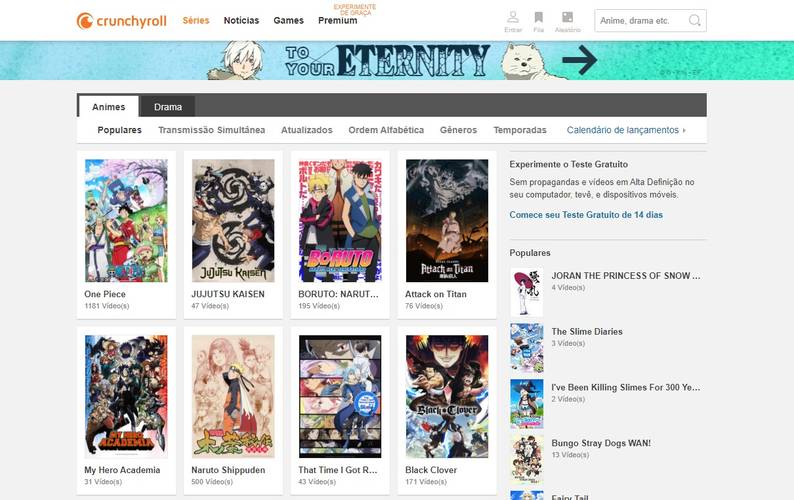 A página inicial da Crunchyroll.