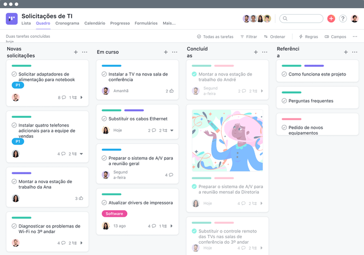 Usando o método Kanban, o Asana permite trabalhar com quadros de tarefas.