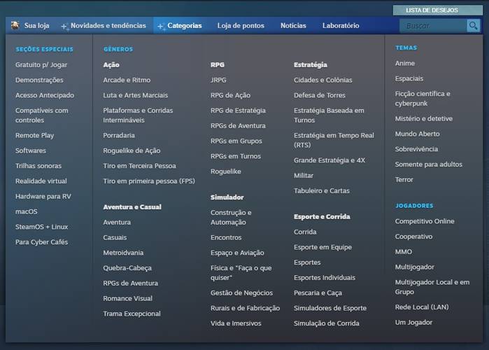 Steam ganhou um novo menu em sua loja com mais subcategorias de jogos