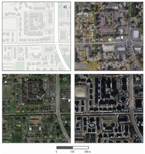 Mapas falsos criados pela deepfake: na direita superior, Tacoma. Na parte inferior, Seattle e Pequim, respectivamente. (Fonte: Bo Zhao, WU, Tech Crunch / Reprodução)