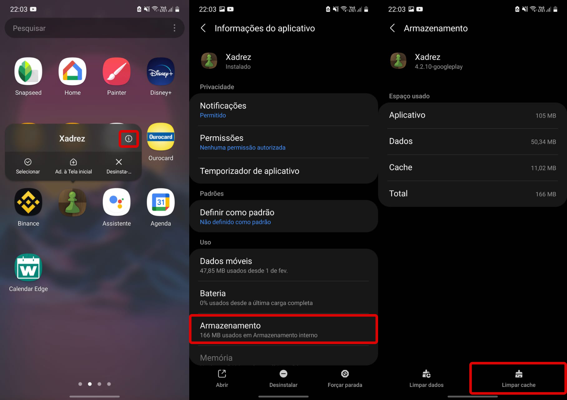 Etapas para limpar o cache de um aplicativo no Android. (Fonte: Adriano Camacho)