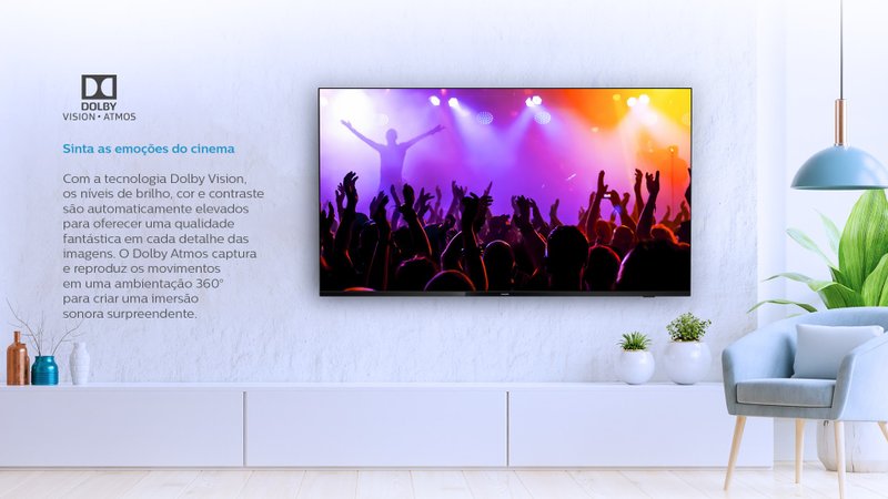 As tecnologias Dolby Vision e Dolby Atmos oferecem uma experiência de uso acima da média. (Fonte: Philips/Reprodução)