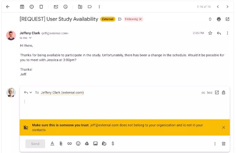 A nova sinalização do Gmail: etiqueta em amarelo e aviso na parte inferior da tela.