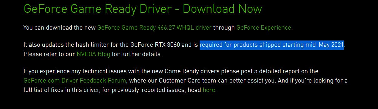 Driver da Nvidia indica retorno da limitação de mineração para a RTX 3060.