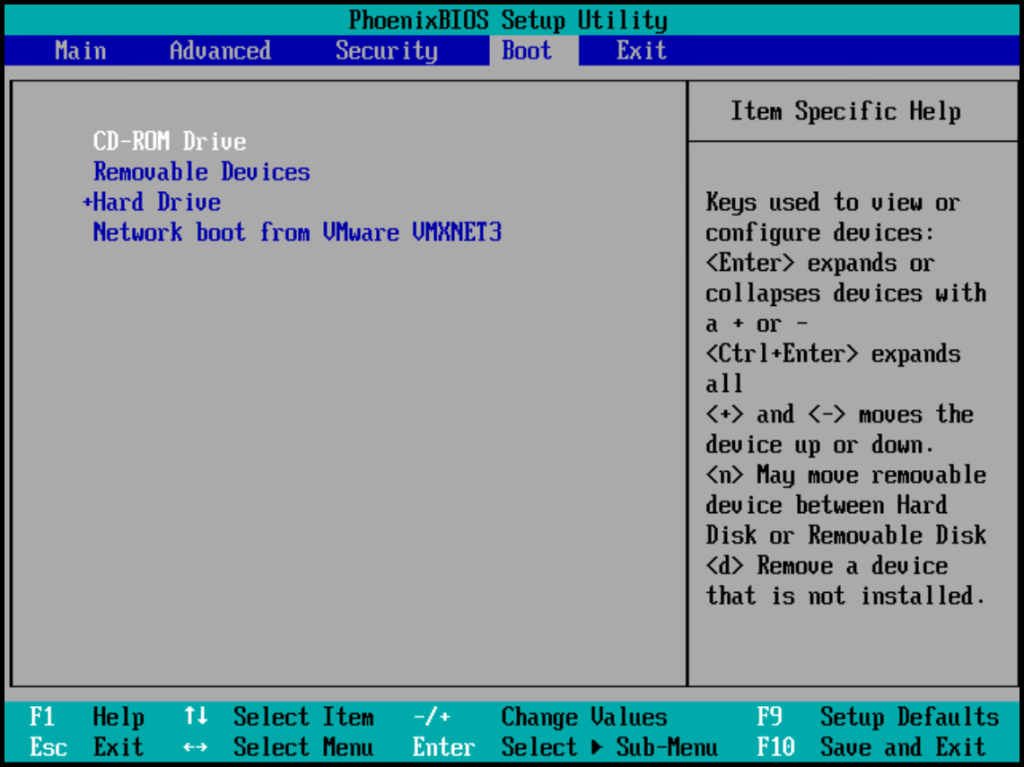 Tela de configuração de boot da BIOS.