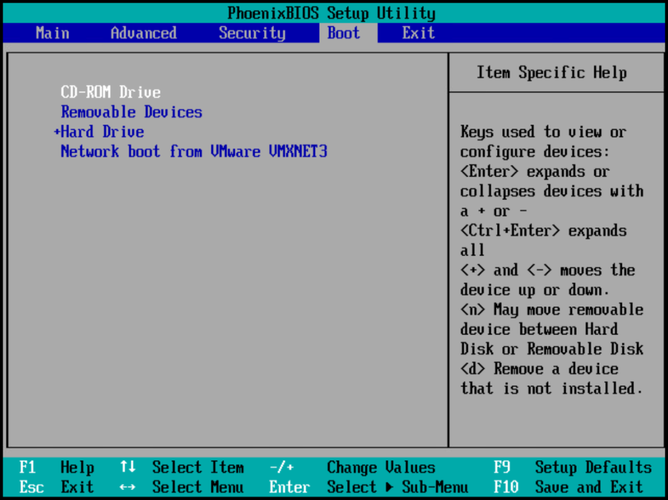 Tela de configuração de boot da BIOS.