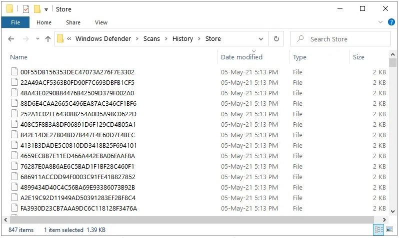 A pasta do Windows Defender cheia de novos arquivos.