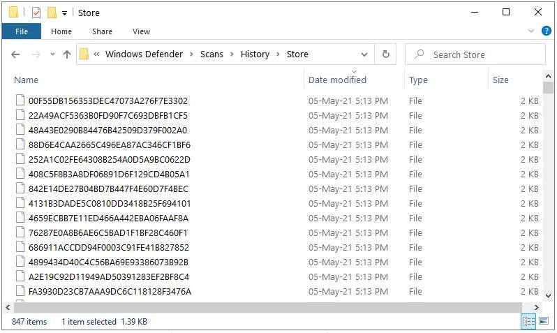 A pasta do Windows Defender cheia de novos arquivos.