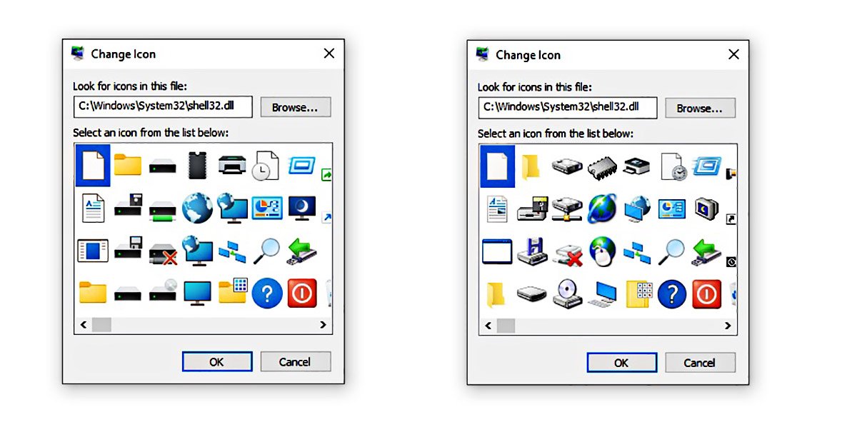 À esquerda, os ícones redesenhados do Shell32.dll (Fonte: Microsoft/Divulgação)