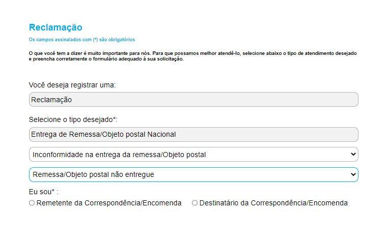 Página de reclamação no site dos Correios.