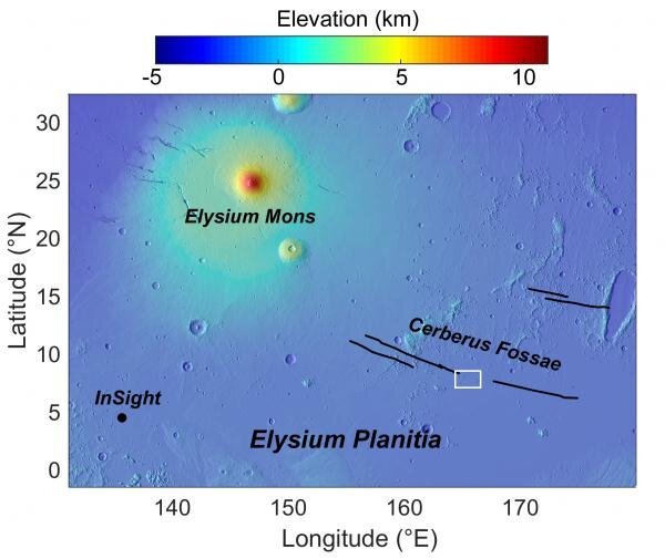 Planície Elysium, a região do vulcanismo explosivo recente (caixa branca) e a posição da sonda InSight, da NASA.