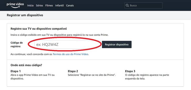 Digite o mesmo código que aparece na tela da sua TV dentro da caixa de texto sinalizada na imagem