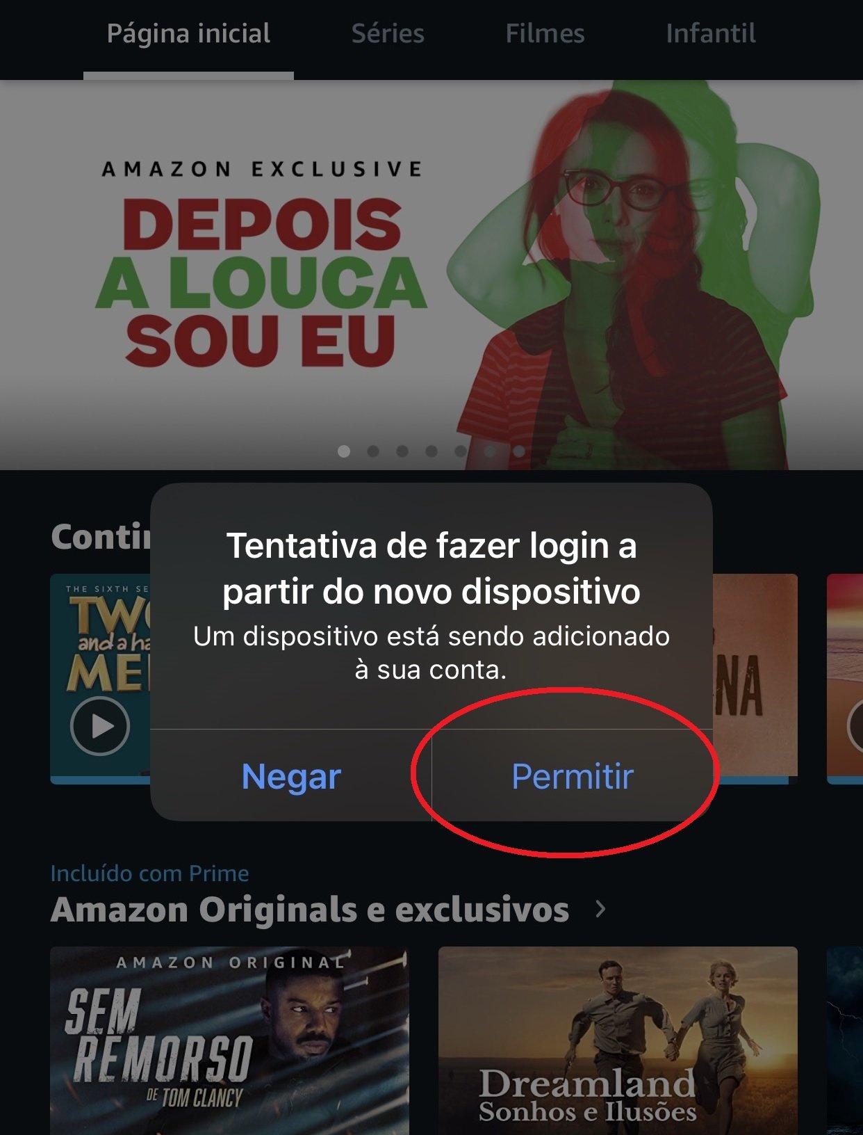 Aperte no botão permitir para que o app do Amazon Prime Video autorize o login no novo aparelho