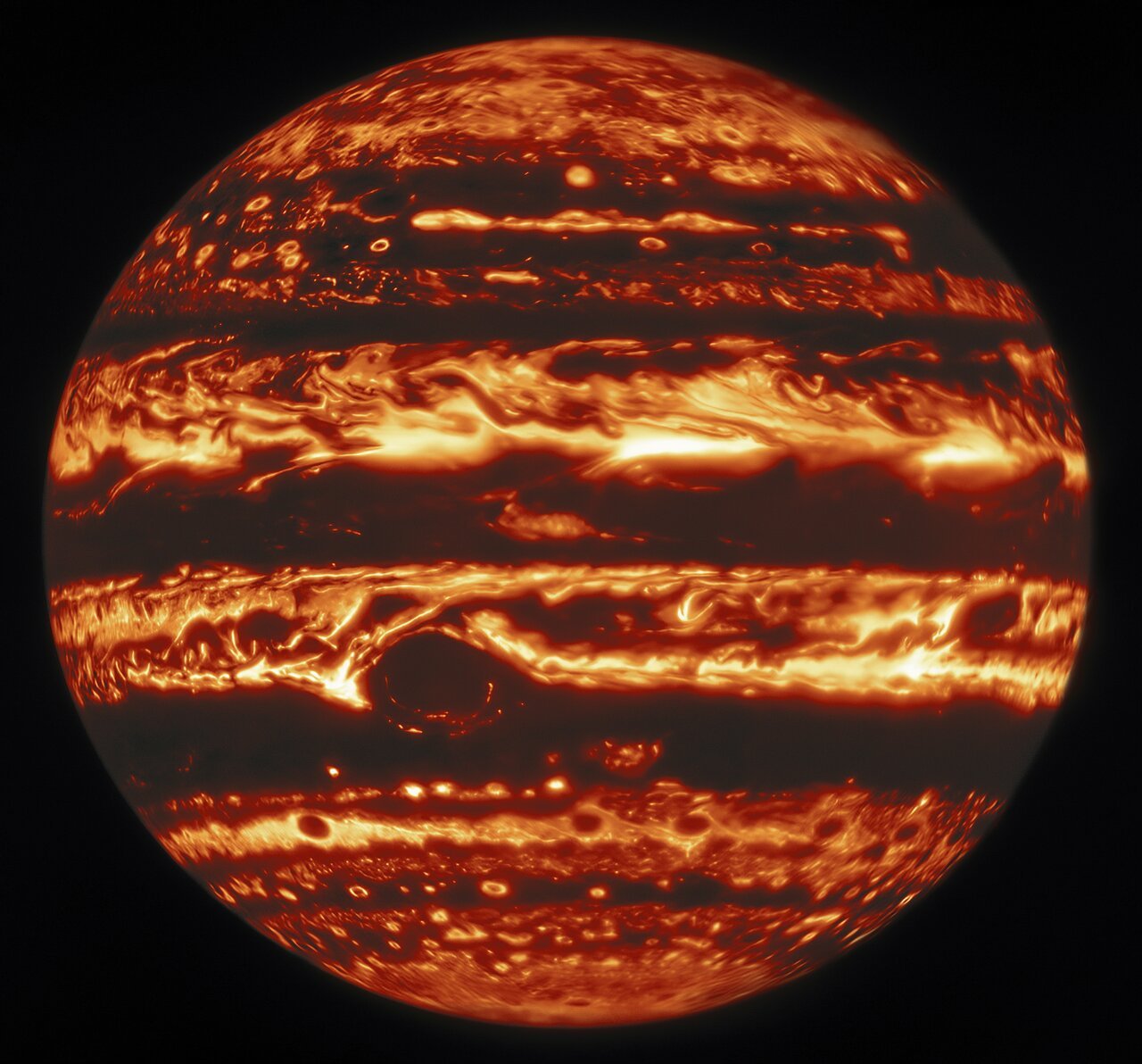 Imagem de Júpiter em infravermelho, captada pelo telescópio Gemini North.