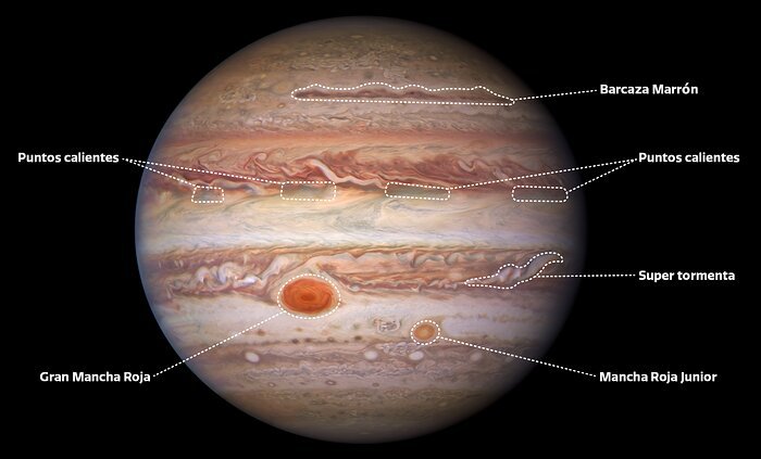 Imagem legendada pelo NOIRLab de Júpiter em luz visível, em espanhol.