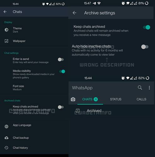 Em ordem: nova página de configurações, seção do Arquivo de Mensagens e sua nova localização no WhatsApp. (Fonte: WABetaInfo / Whatsapp)