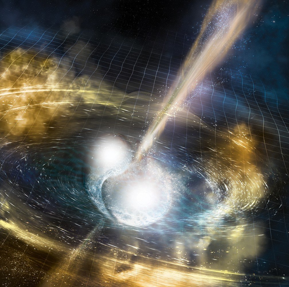 Ilustração da colisão de duas estrelas de nêutrons.