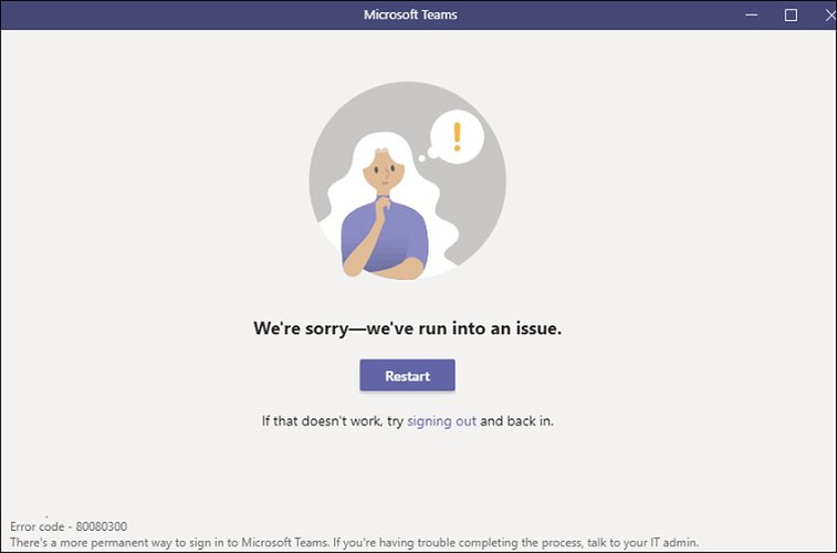 Tela do erro "80080300", exibida no Microsoft Teams. (Fonte: Bleeping Computer / Reprodução)