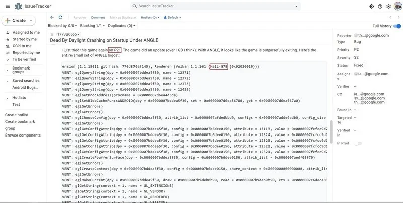 Google Issue Tracker indica a presença da GPU no dispositivo “P21”.