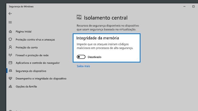 Acionando a integridade de memória para proteger processos importantes.