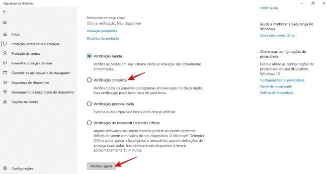 Verificação completa com o Windows Defender.