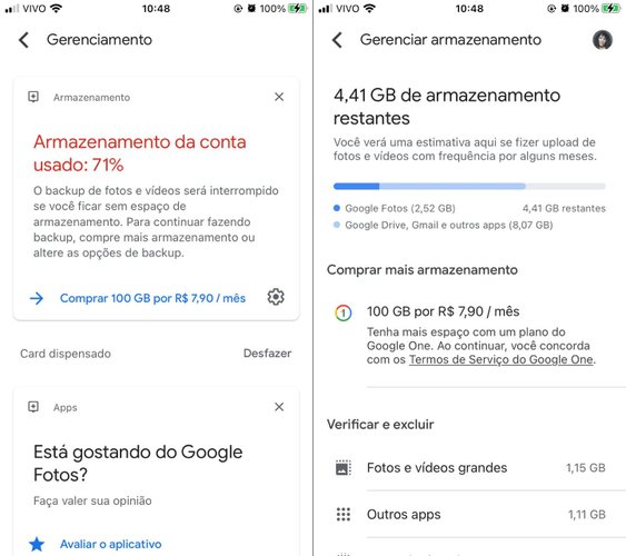 Menu de gerenciamento de armazenamento do Google Fotos.