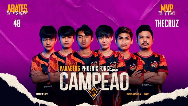 Foto com a Phoenix Force, equipe campeã do campeonato mundial de Free Fire