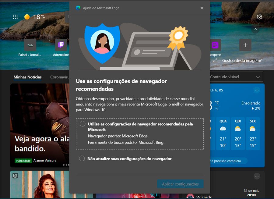 Microsoft sugere uso do Edge e Bing no Windows 10.