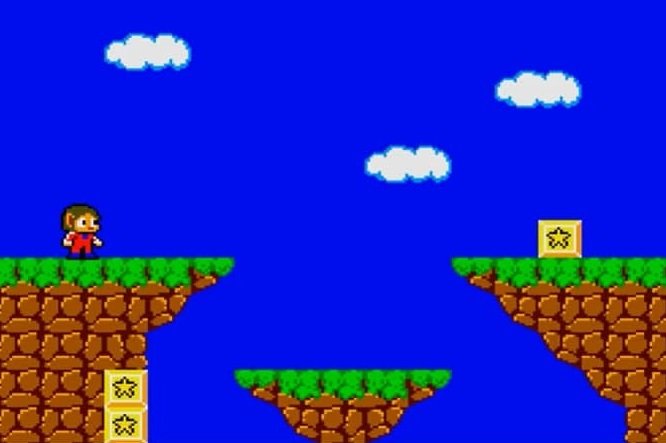 A mesma tela vista no jogo original. Repare na baixa resolução, falta de NPC e ausência de indicativos visuais sobre itens e vidas de Alex Kidd