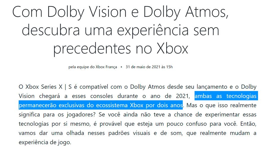 Post da Xbox França que revela exclusividade de tecnologias Dolby (traduzido pelo Google).