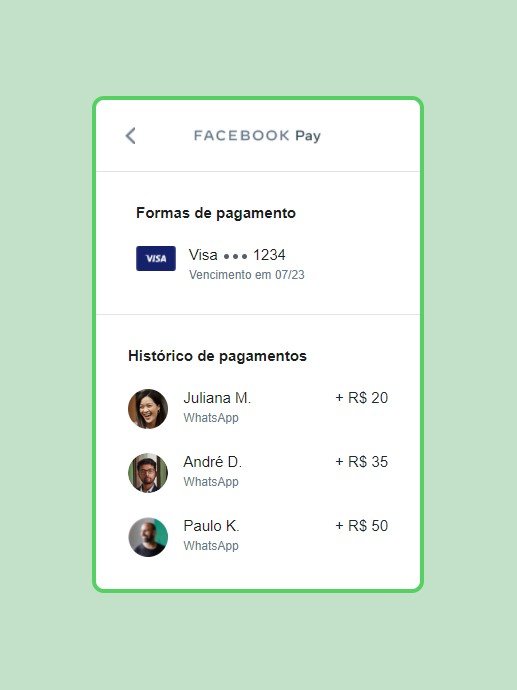 O Facebook Pay também traz um recurso com o histórico de transações pelo serviço