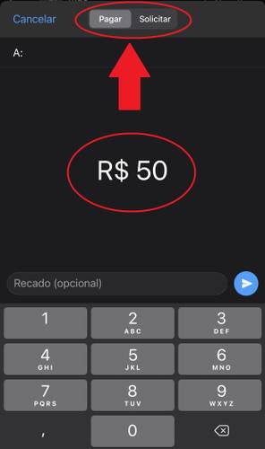 Primeiro é preciso indicar se o valor é um pagamento ou uma solicitação de cobrança. Depois é só inserir o valor e enviar ao contato