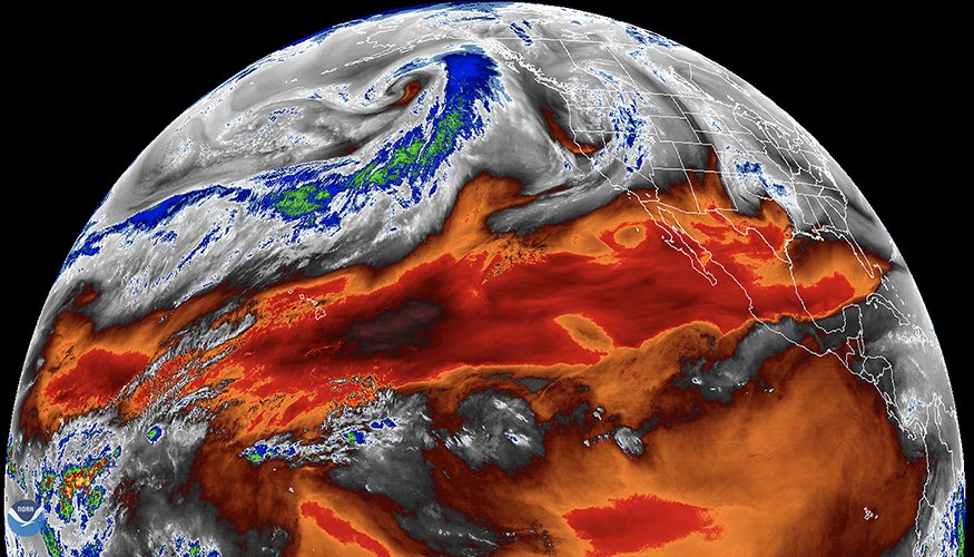 Vapor de águas tropicais, destacado em vermelho, em imagem da NASA.