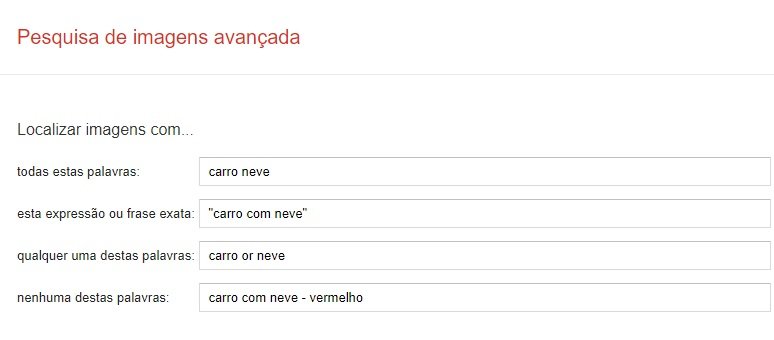Algumas possibilidades de pesquisa por termos avançados.