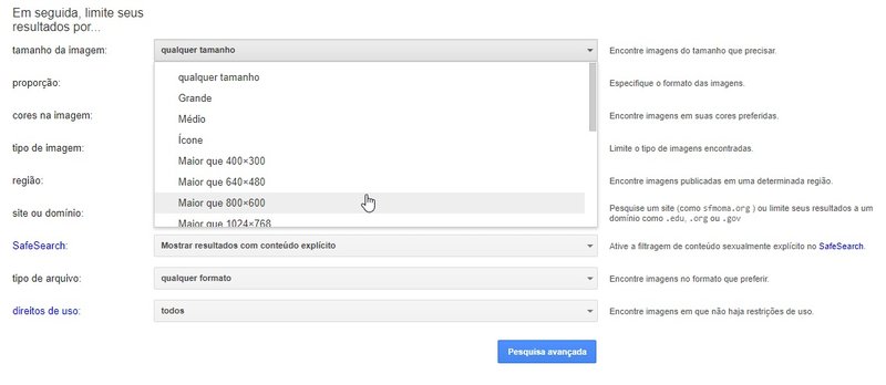 Na busca avançada, você pode filtrar automaticamente por tamanho, região e até formato antes de pesquisar.