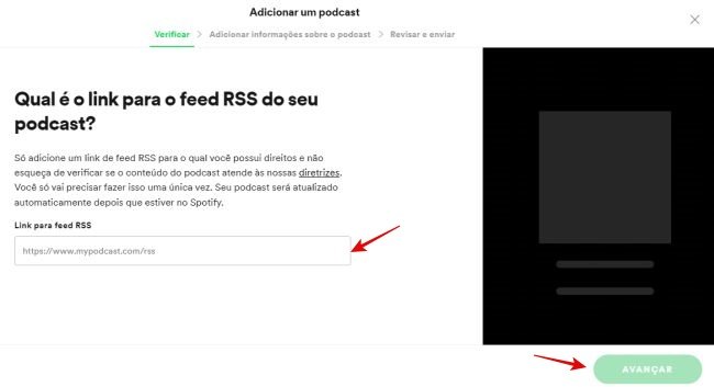 Fazendo o cadastro do podcast no Spotify.