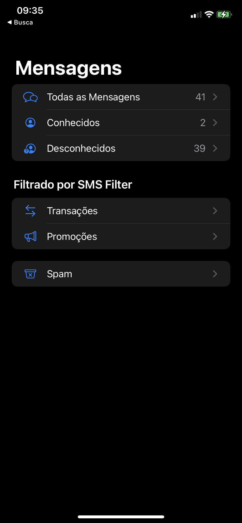 Tela do iMessage com o filtro de spam do iOS 15.