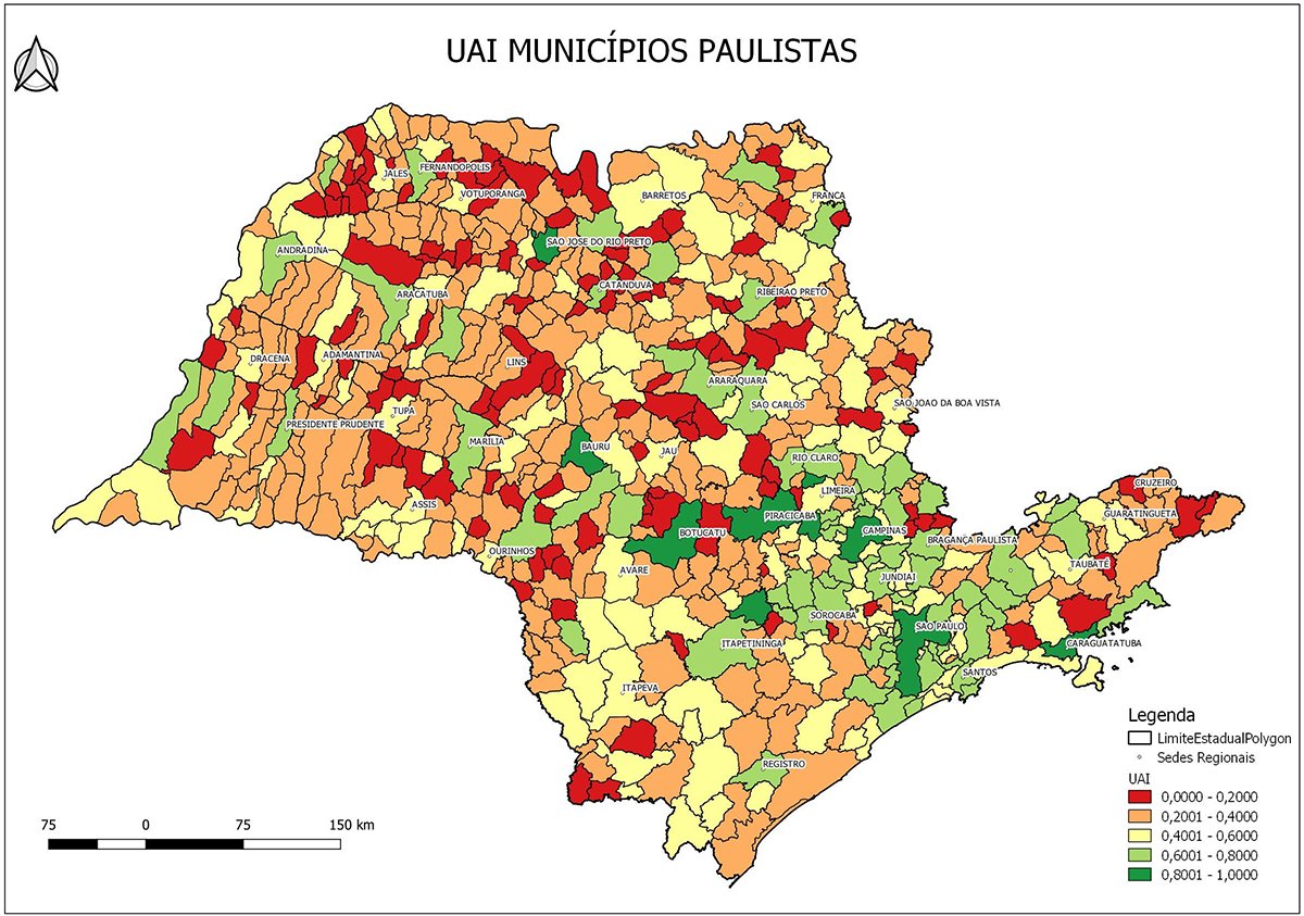 Mapa mostra Índice de Adaptação Urbana (UAI, em inglês) dos 645 municípios de São Paulo. Quanto mais próximo de 1 (verde escuro), melhor a capacidade adaptativa do município.